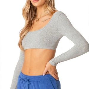 Edikted Sydney Long Sleeve Rib Crop Top Gray